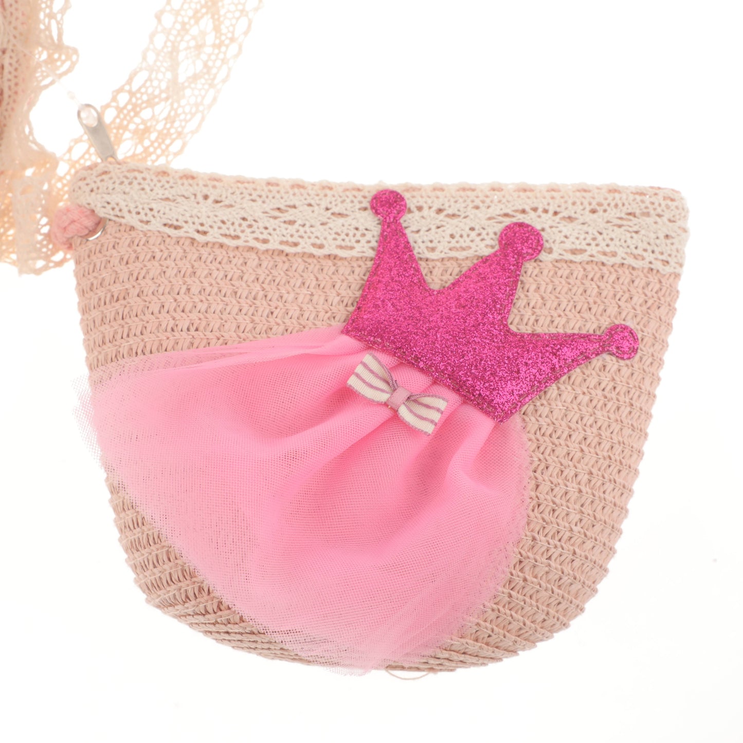 Crown Lace Children's Straw Hat with Bag Set - Pink