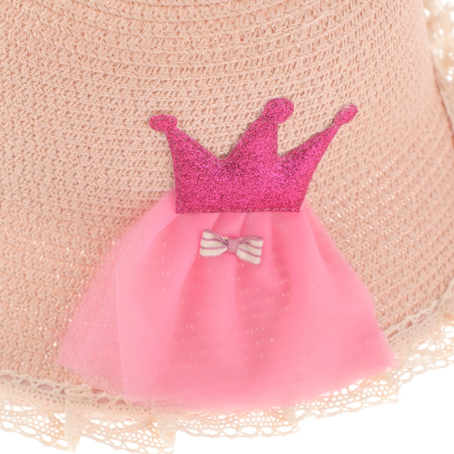 Crown Lace Children's Straw Hat with Bag Set - Pink