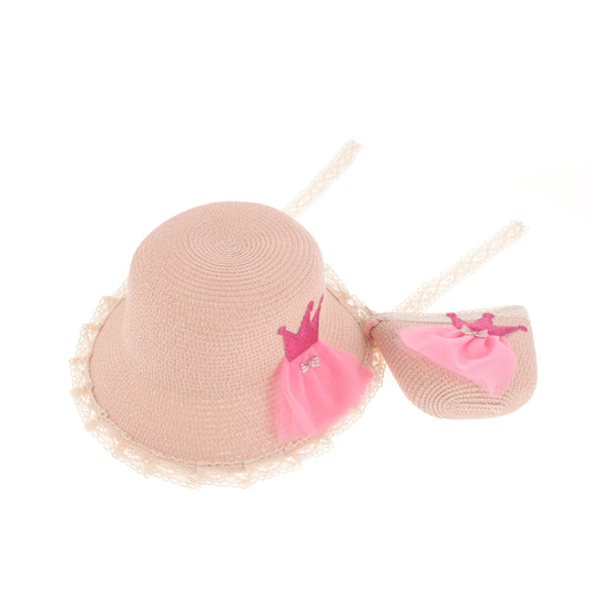 Crown Lace Children's Straw Hat with Bag Set - Pink