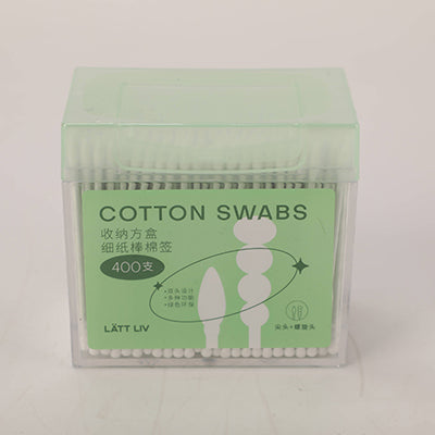 Cotton Swabs 400 Count with Storage Box (Precise-tip Type + Spiral Type) - Light Green